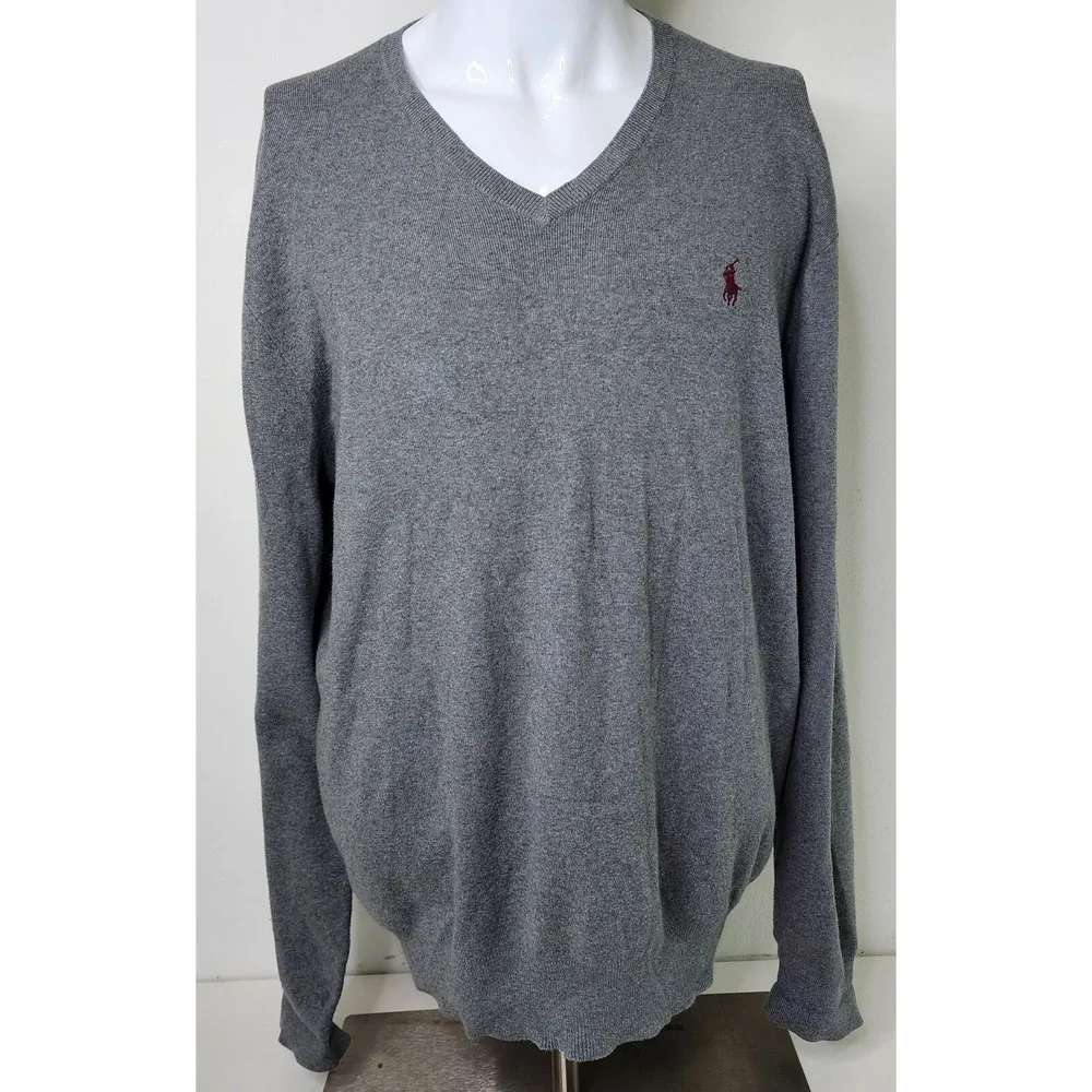 Polo Ralph Lauren Sweater Mens XL Gray V-Neck Pullover Pima Cotton